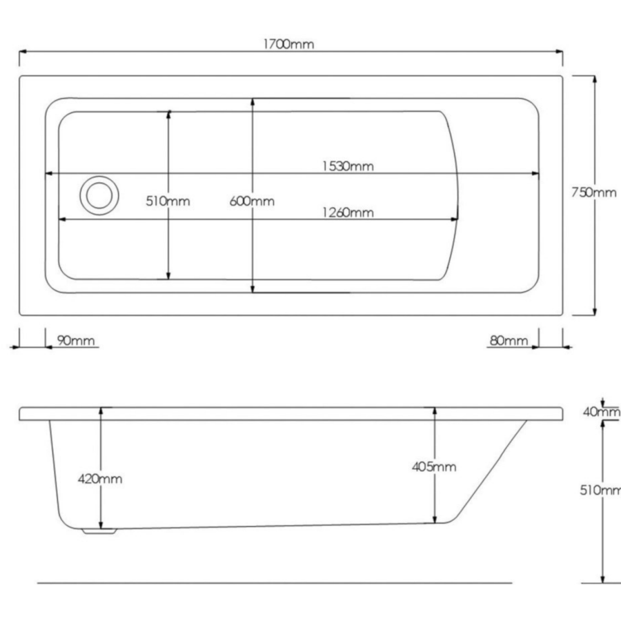 Single Ended Shower Bath with Front Panel & Brushed Brass Bath Screen 1800 x 800mm - Rutland