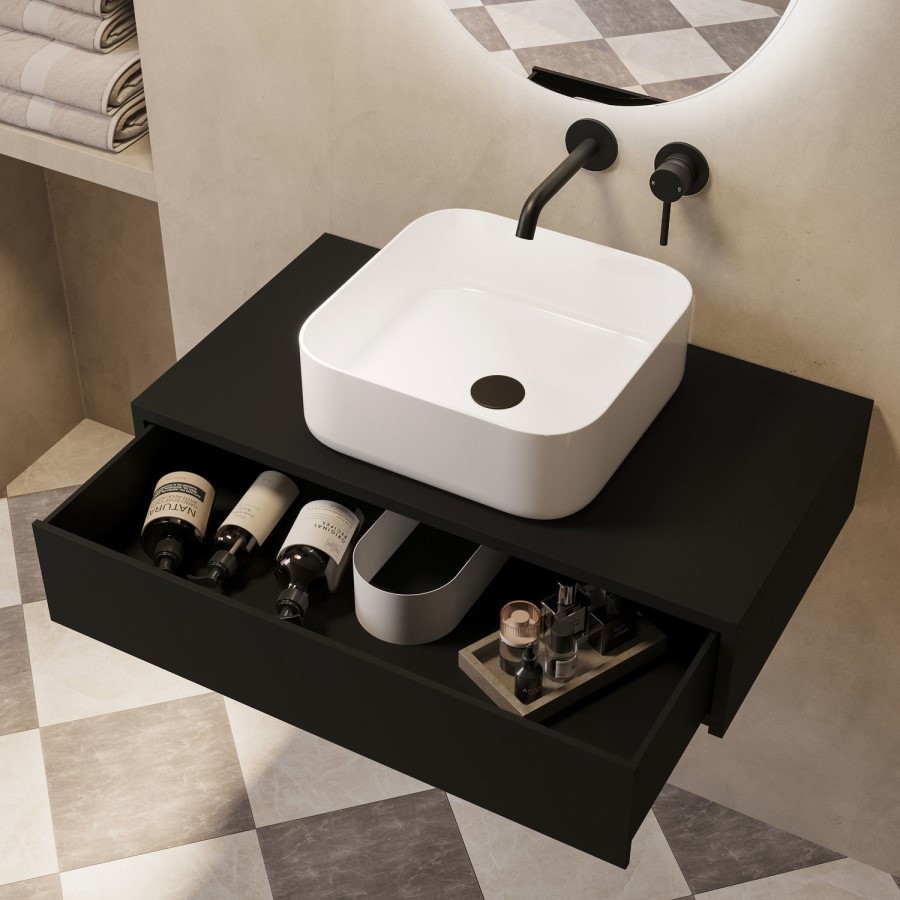 800mm Black Wall Hung Countertop Vanity Unit with Curved Square Basin - Lugo