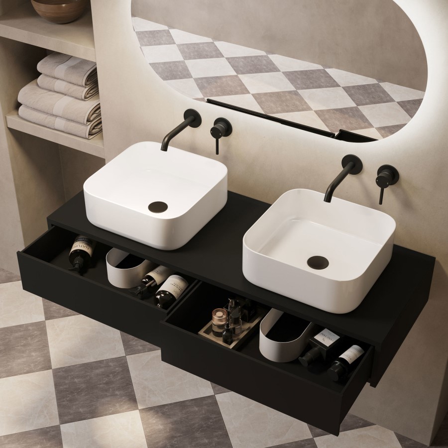 1200mm Black Wall Hung Countertop Vanity Unit with Curved Square Basin - Lugo