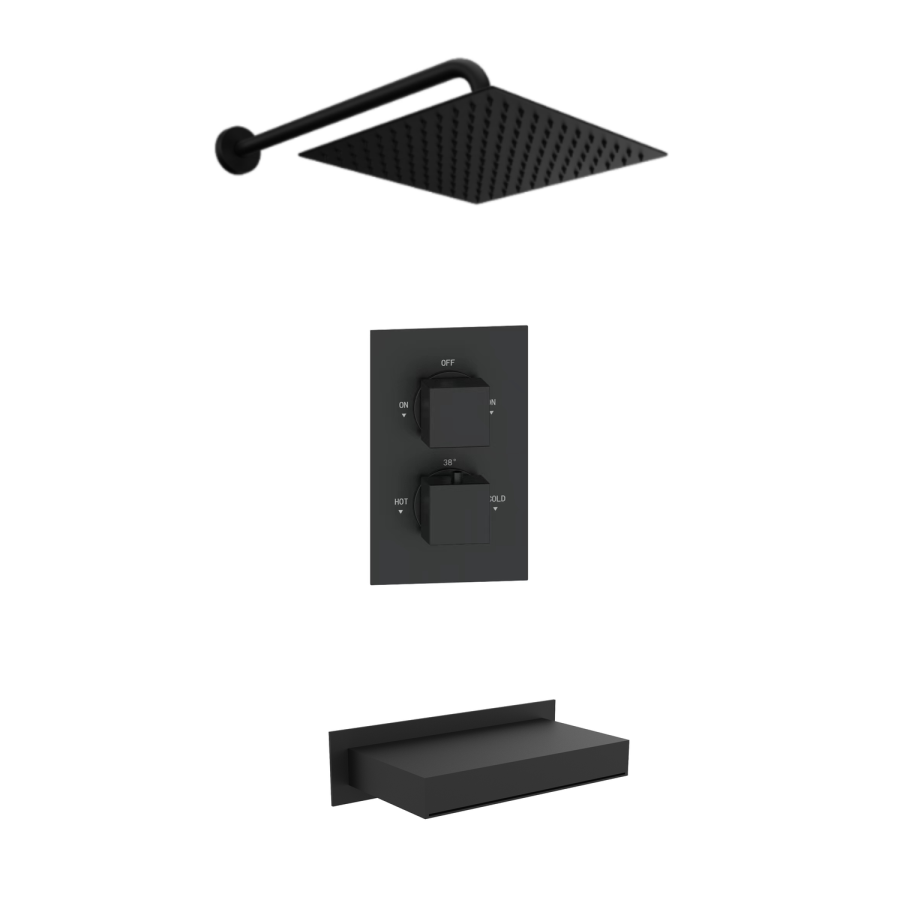 Black 2 Outlet Thermostatic Bath Mixer Shower Set With Waterfall Bath Filler Spout - Zana