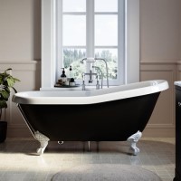 Black Freestanding Single Ended Roll Top Slipper Bath with White Feet 1615 x 690mm - Bowland Black Freestanding Single Ended Roll Top Slipper Bath with White Feet 1615 x 690mm - Bowland