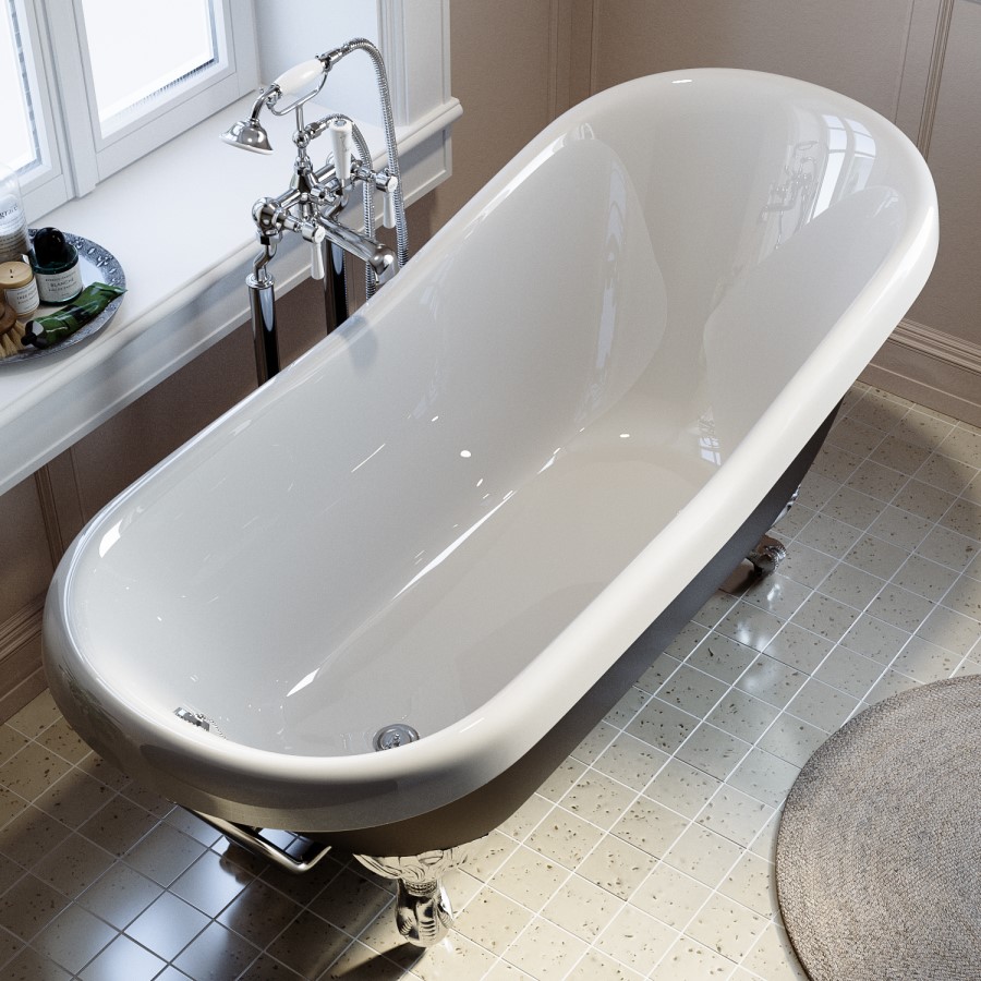 Black Freestanding Single Ended Roll Top Slipper Bath with Chrome Feet 1615 x 690mm - Park Royal