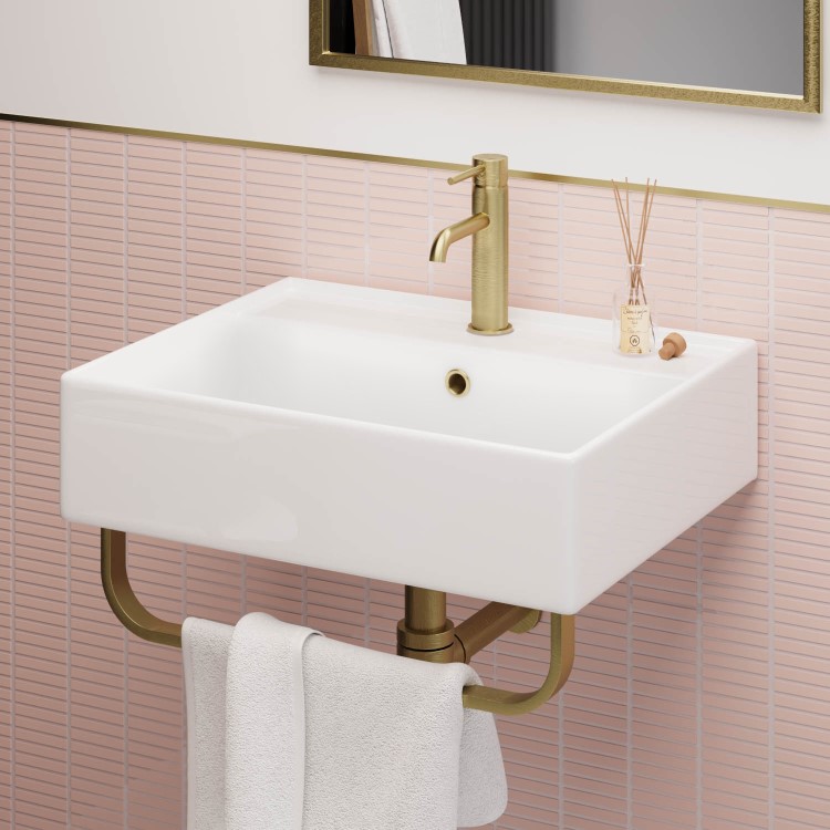 White Square Wall Hung Basin with Brass Rack 497mm - Bowen - Better ...