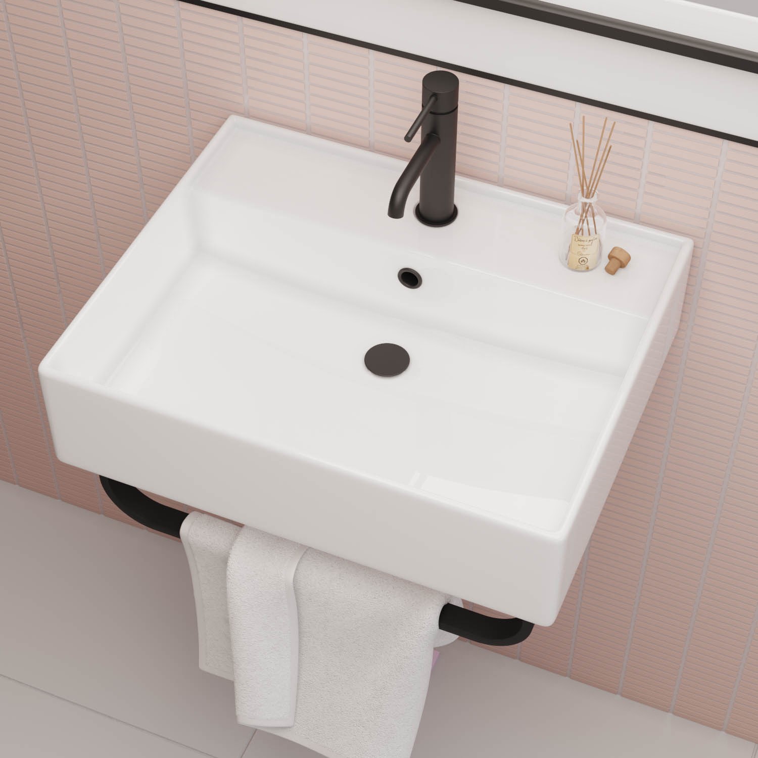 White Square Wall Hung Basin with Black Rack 497mm - Bowen - Better ...
