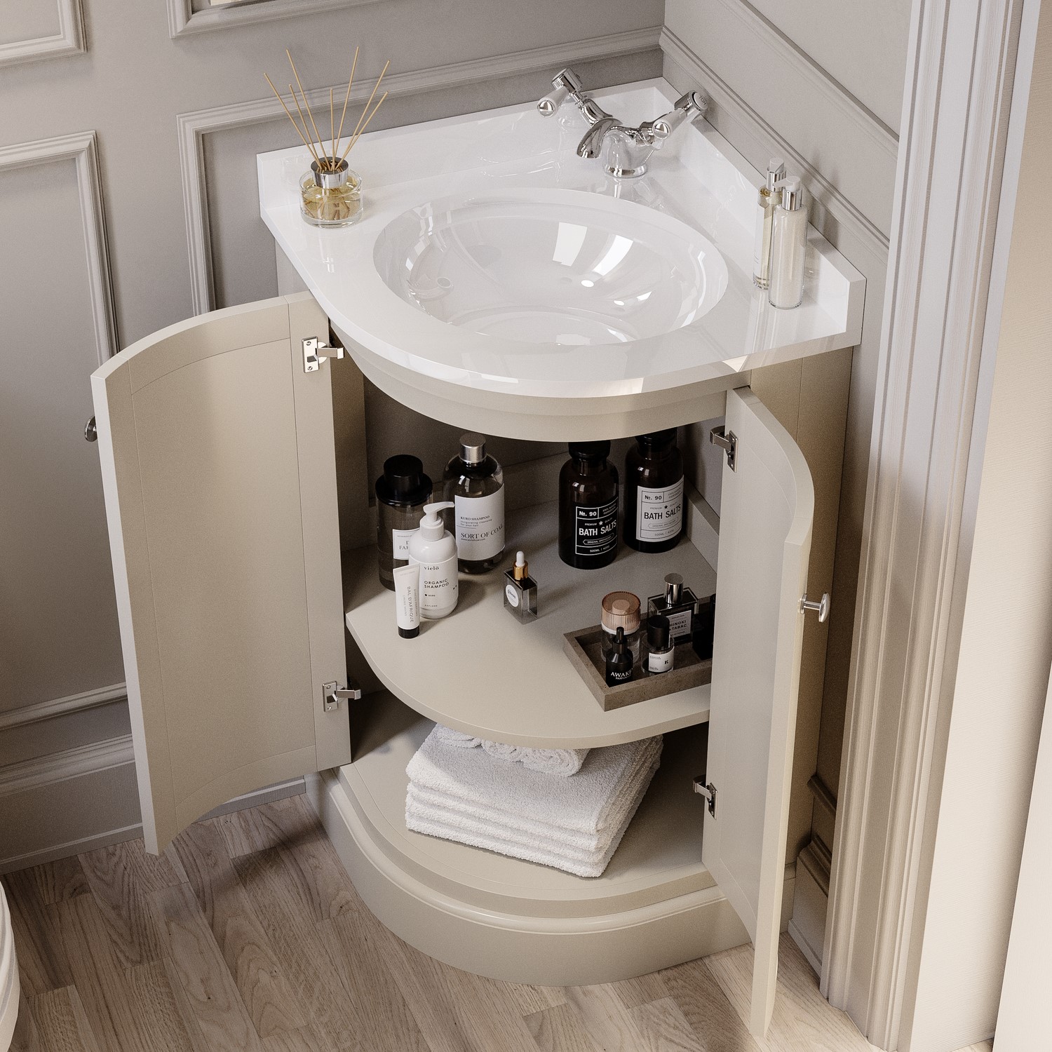 500mm Beige Curved Corner Freestanding Vanity Unit with Basin – Bowland ...