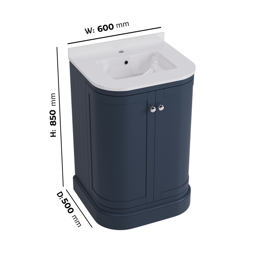 600mm Blue Curved Freestanding Vanity Unit with Basin - Bowland
