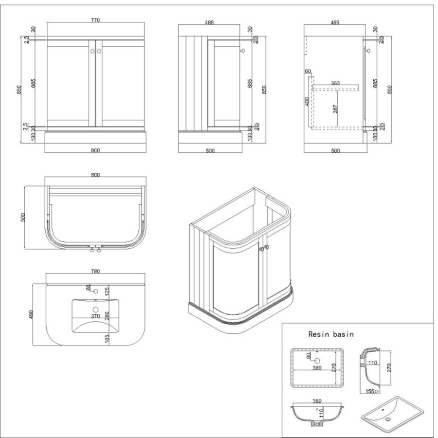 800mm Blue Curved Freestanding Vanity Unit with Basin - Bowland
