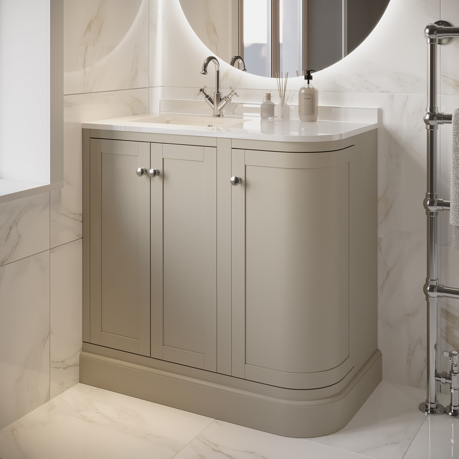 Bowland Beige 900Mm Left Hand Curved Corner Freestanding Vanity Unit With Basin