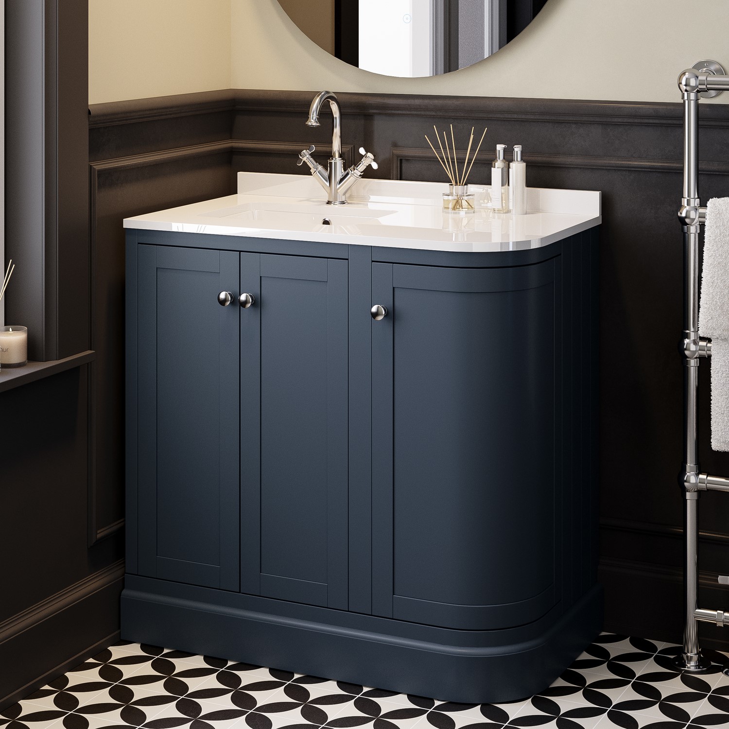 Bowland Blue 900Mm Curved Left Hand Corner Freestanding Vanity Unit With Basin