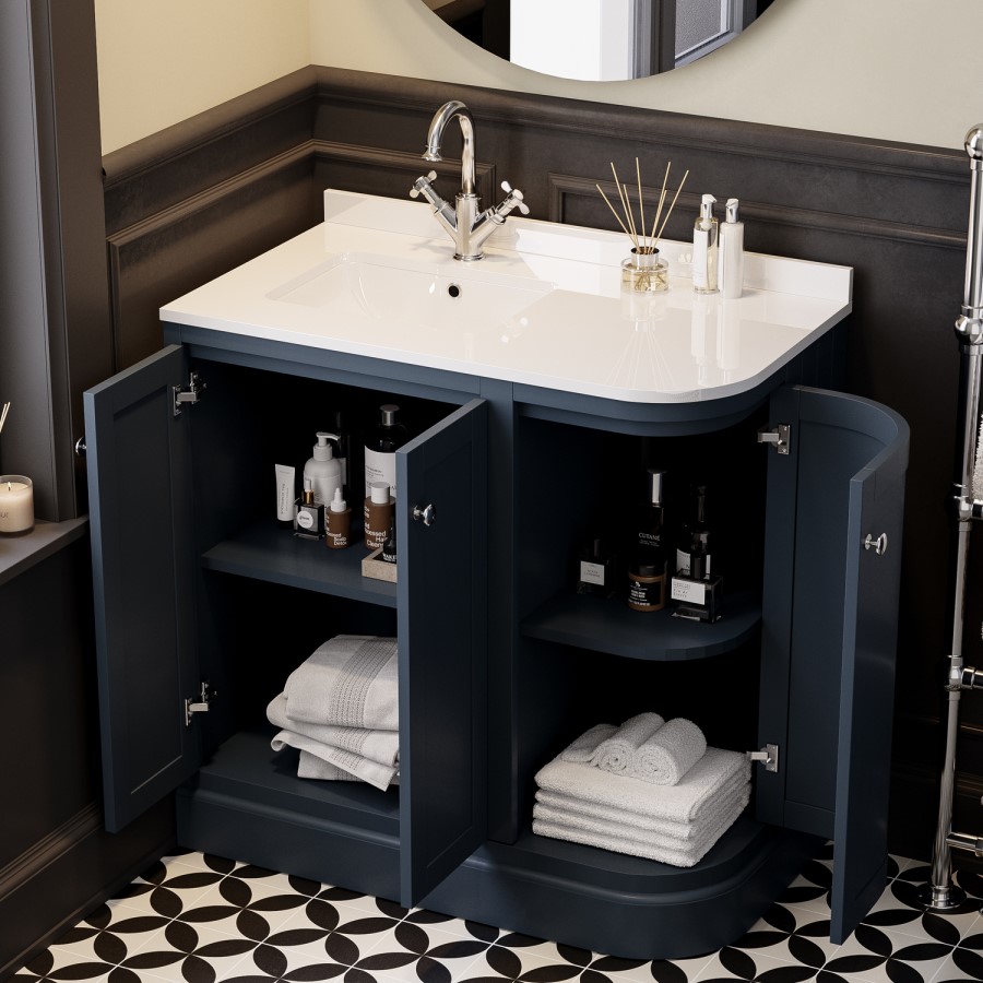 900mm Blue Left Hand Curved Corner Freestanding Vanity Unit with Basin – Bowland