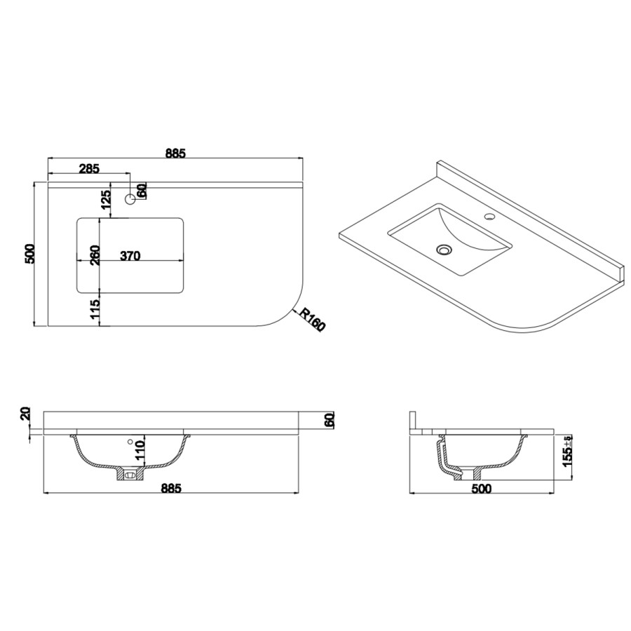 900mm Blue Left Hand Curved Corner Freestanding Vanity Unit with Basin – Bowland