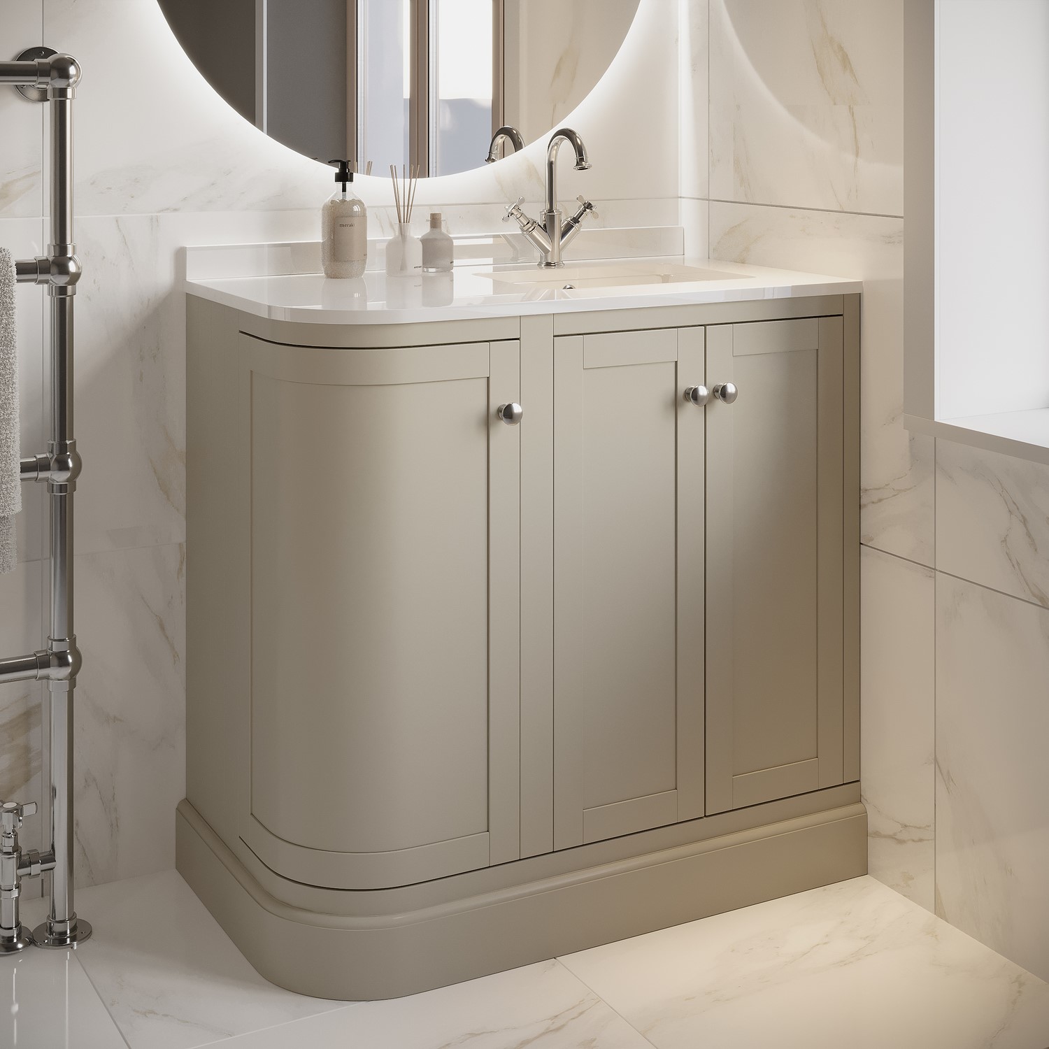 Bowland Beige 900Mm Curved Right Hand Corner Freestanding Vanity Unit With Basin