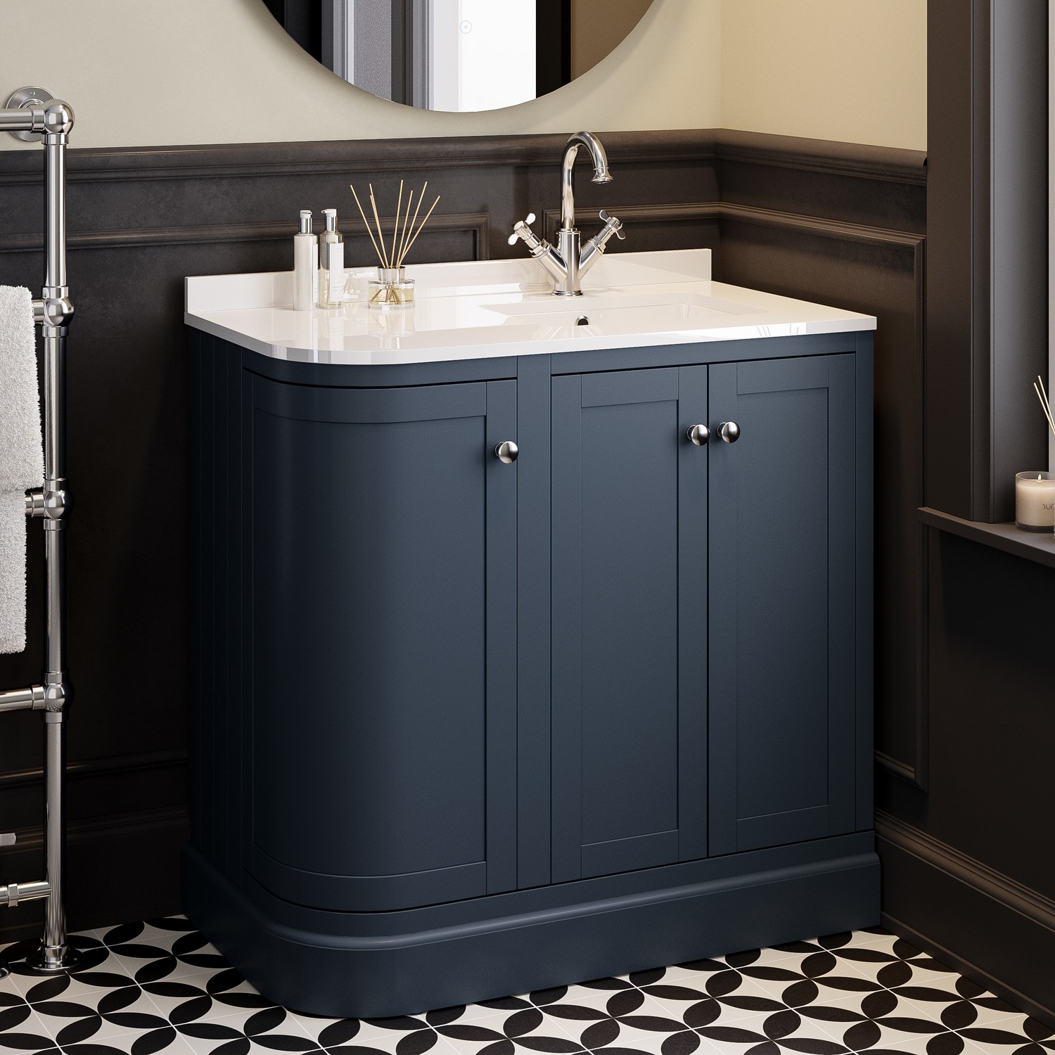 Bowland Blue 900Mm Curved Right Hand Corner Freestanding Vanity Unit With Basin