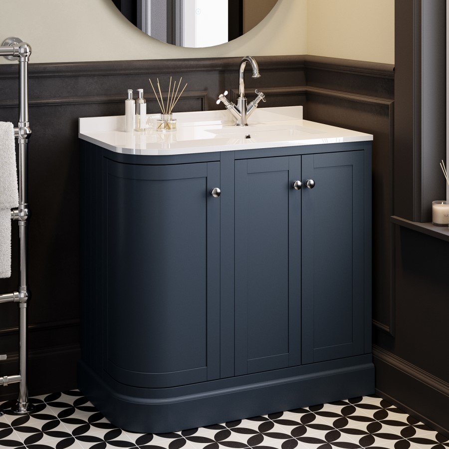 900mm Blue Right Hand Curved Corner Freestanding Vanity Unit with Basin - Bowland
