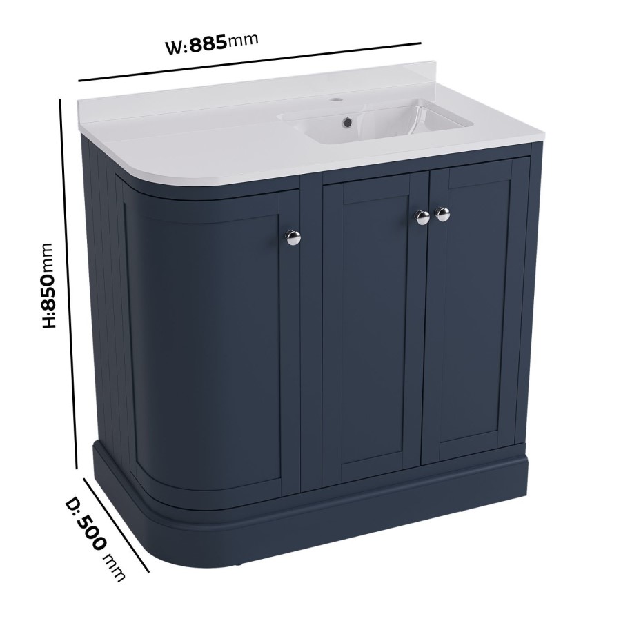 900mm Blue Right Hand Curved Corner Freestanding Vanity Unit with Basin - Bowland