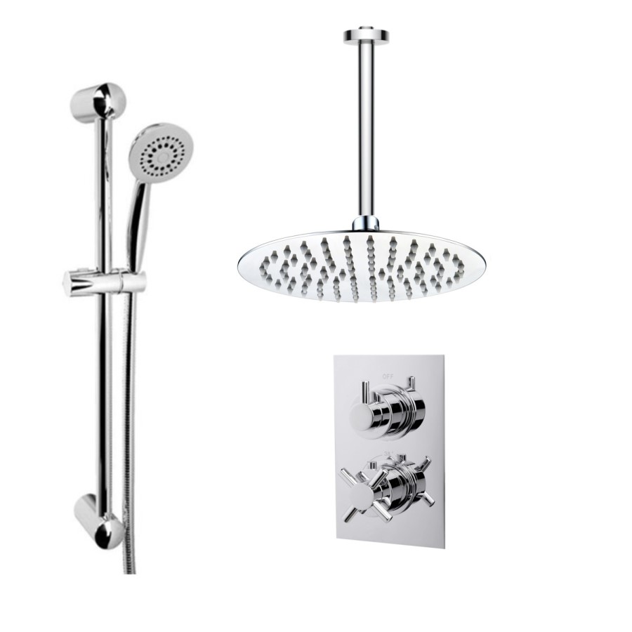 Concealed Thermostatic Mixer Shower with Slim Ceiling Shower Head  Round Handset - EcoStyle