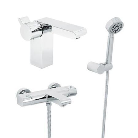 Vitalia Wall Mounted Bath Shower Mixer with Rail Kit and Doriano Basin Mixer