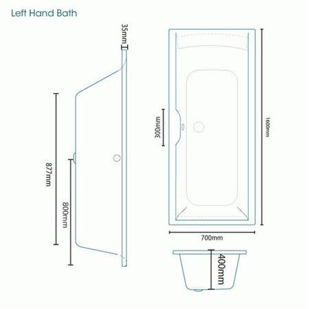 Voss 1600 x 700mm Straight Bath-Left hand bath