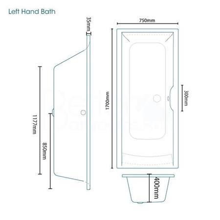 Voss 1700 x 750mm Straight Bath -Right hand bath