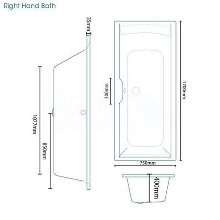 Voss 1700 x 750mm Straight Bath -Right hand bath