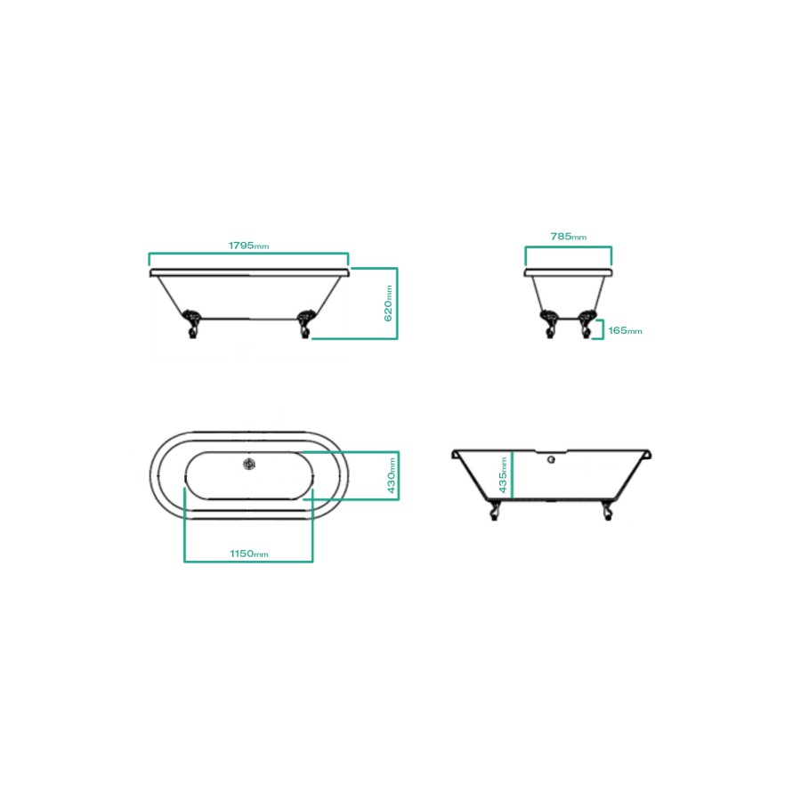 Park Royal Traditional Double Ended Roll Top Freestanding Bath - 1800 x 785mm