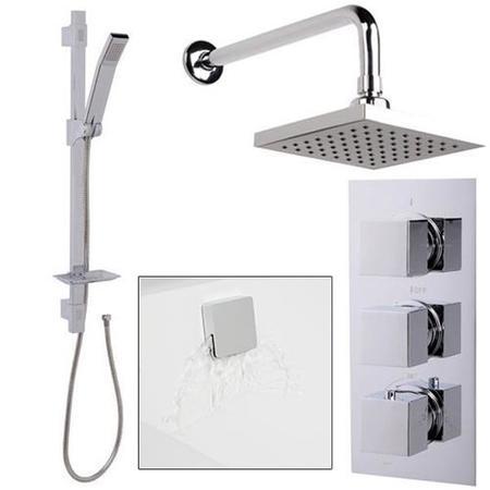 Quadro Slide Shower Rail Kit with EcoCube Triple Valve, 150mm Square Head, Wall Outlet, Filler & Overflow