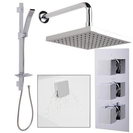 Quadro Slide Shower Rail Kit with EcoCube Triple Valve, 200mm Square Head, Wall Outlet, Filler & Overflow 