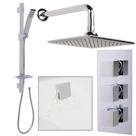 Quadro Slide Shower Rail Kit with EcoCube Triple Valve 200mm Square Head Wall Outlet Filler & Overflow