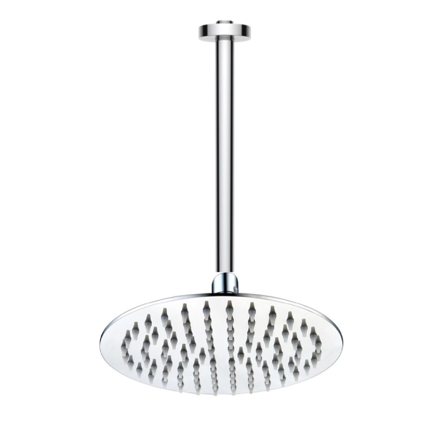 250mm Chrome Ultra Slim Round Rainfall Shower Head with Ceiling Arm