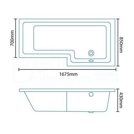 1675mm Right Hand L Shaped Square Shower Bath-Fixed Screen with No Towel Rail and No Front Panel