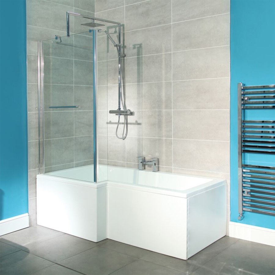 Left Hand L-Shaped Shower Bath with  Front Panel and Hinged Shower Screen and Towel rail - L1670 x W850mm
