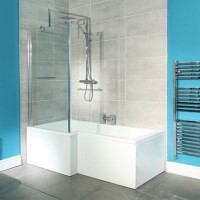 Left Hand L-Shaped Shower Bath with  Front Panel and Hinged Shower Screen and Towel rail - L1670 x W850mm