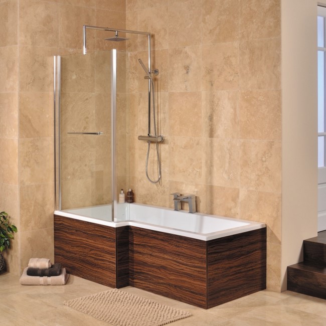 Left Hand L-Shaped Walnut Shower Bath with Screen - L1670 x W850mm