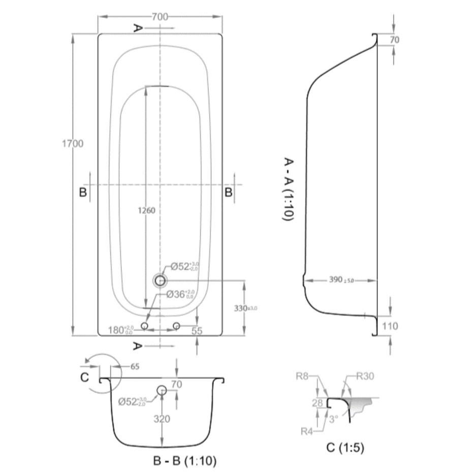 Single Ended Steel Bath with 2 Tap Holes and Grip Holes 1700 x 700mm