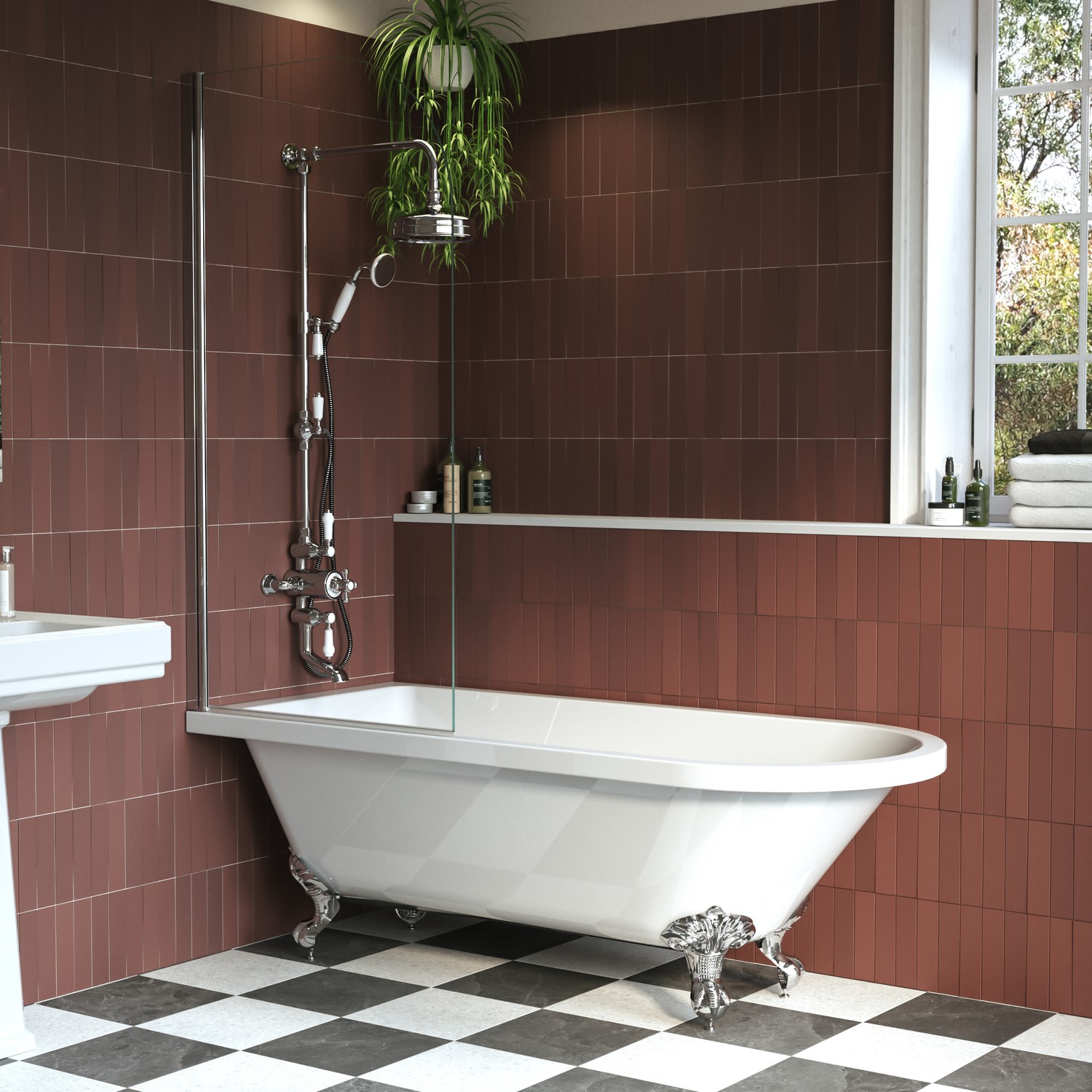 Park Royal White Freestanding Single Ended Shower Bath With Chrome Feet & Bath Screen 1670 X 740Mm