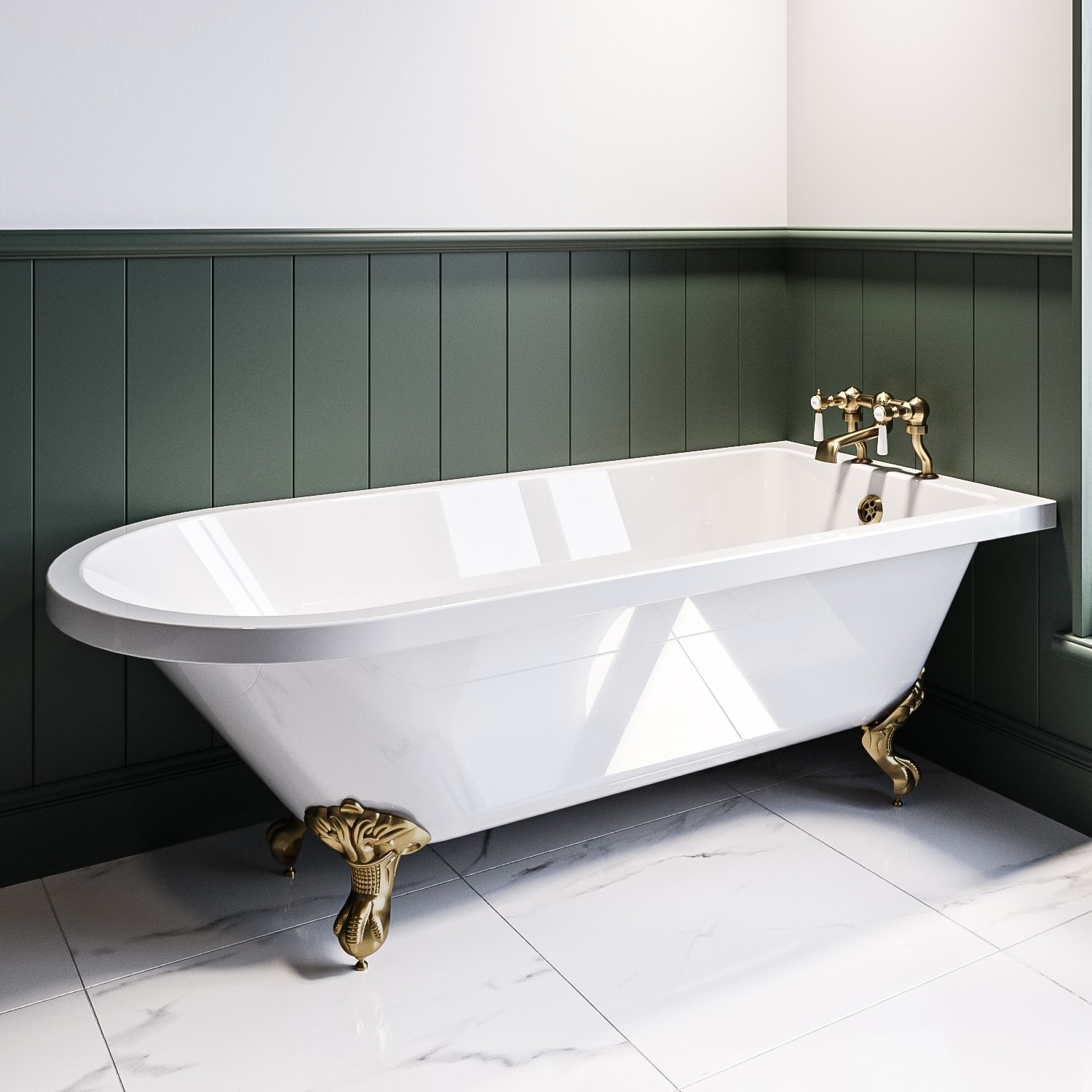 Park Royal White Freestanding Single Ended Bath With Brushed Brass Feet 1670 X 740Mm