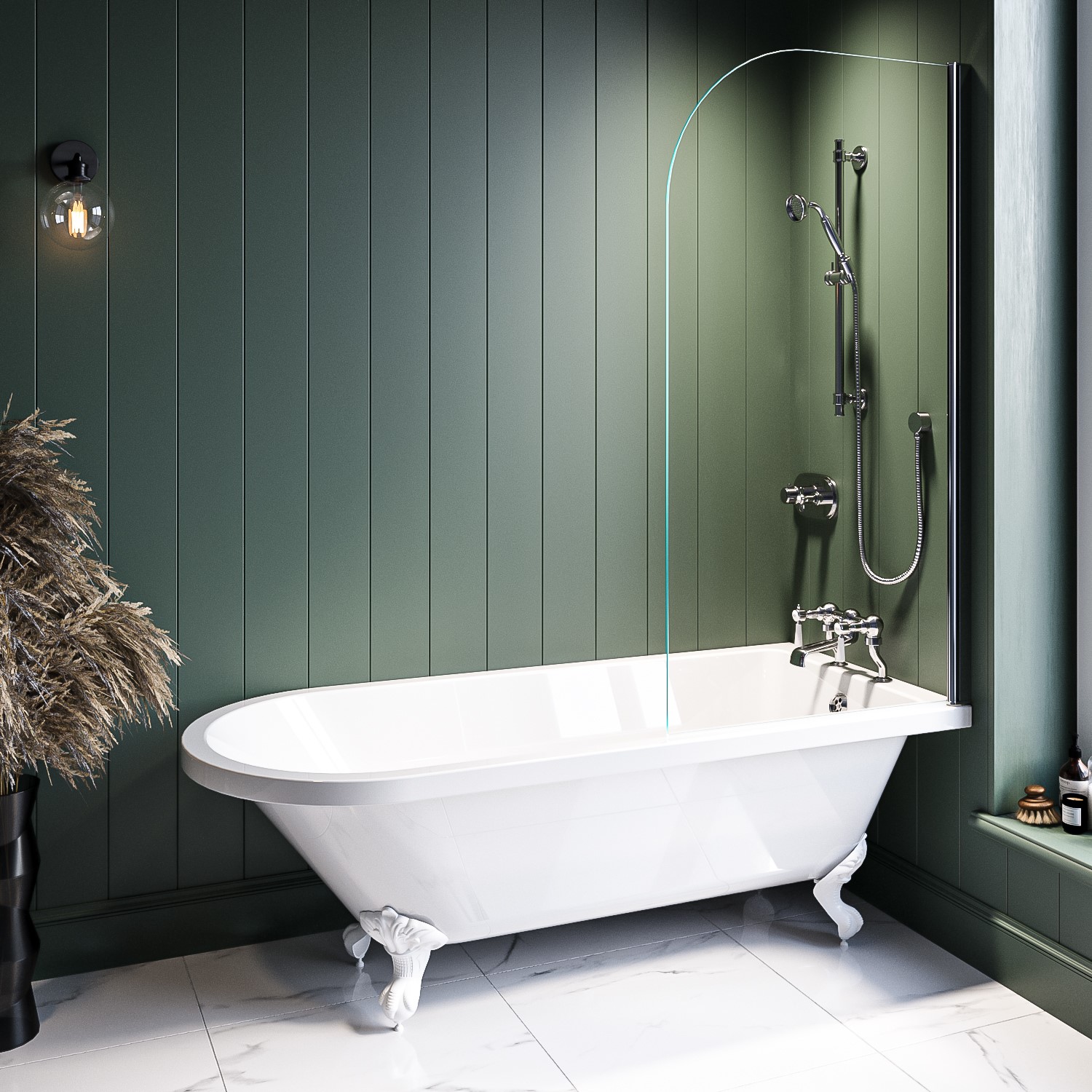 Park Royal White Freestanding Single Ended Shower Bath With Chrome Bath Screen & Feet 1660 X 740Mm