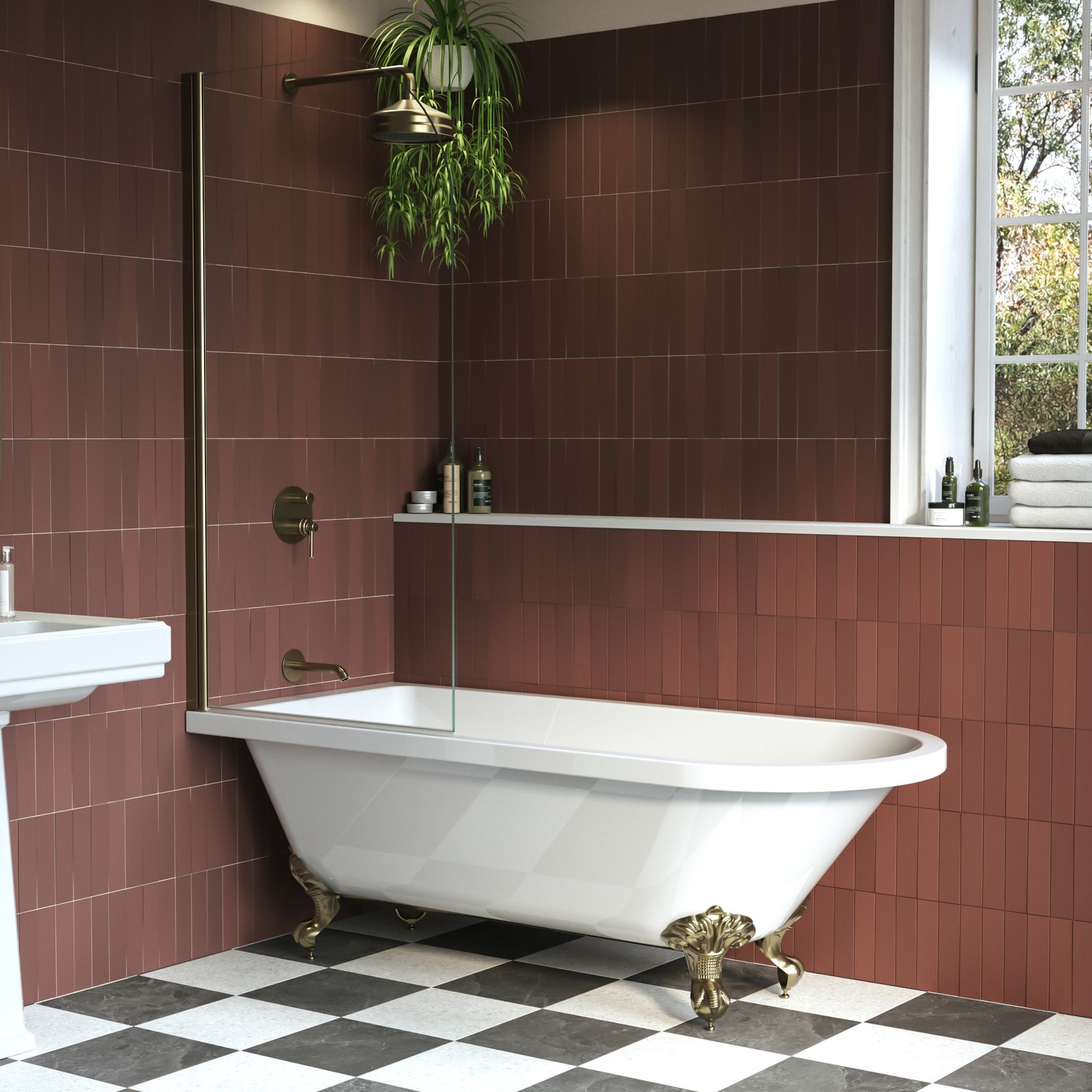 Park Royal White Freestanding Single Ended Shower Bath With Brushed Brass Screen & Feet 1670 X 740 Mm