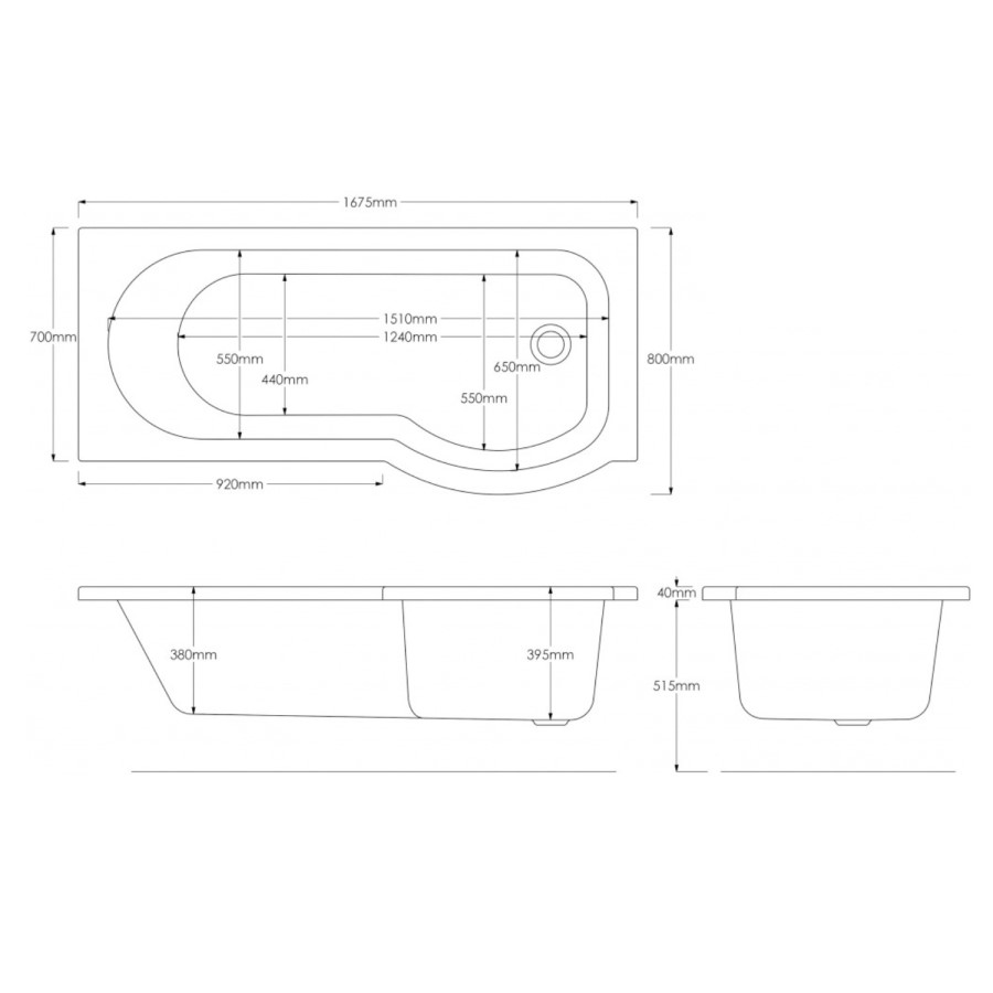 Dee Right Hand P Shape Bath with Front Panel and Screen - 1675 x 800mm