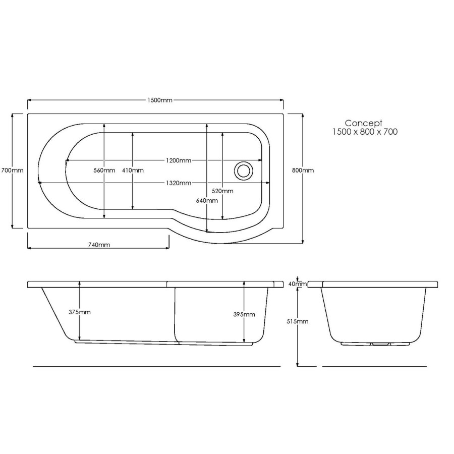 Left Hand Shower Bath with Curved Screen - L1500 x W800mm