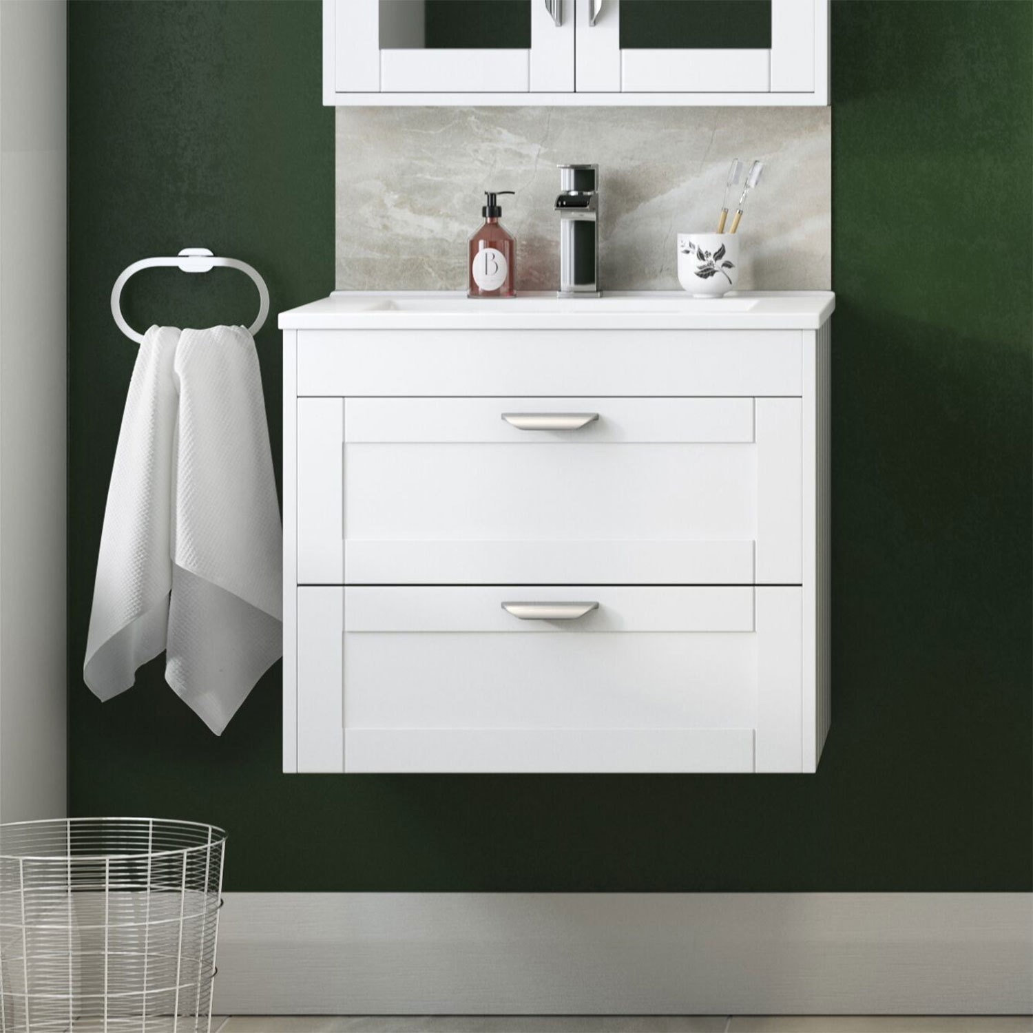 600mm Wall Hung 2 Drawer Vanity Unit With Basin White Nottingham