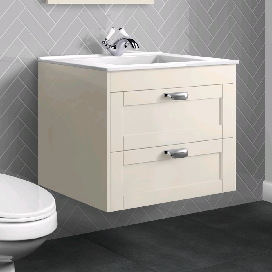 600mm Wall Hung 2 Drawer Vanity Unit with Basin Ivory Nottingham
