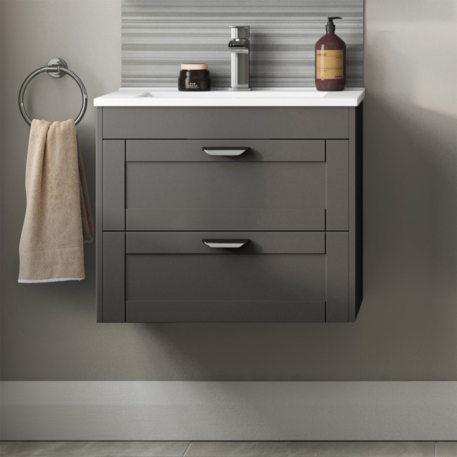 600mm Traditional Wall Hung 2 Drawer Vanity Unit with Basin Grey