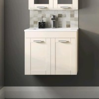600mm Wall Hung Basin Vanity Unit - Ivory Double Door Modern Handles - Nottingham Range
