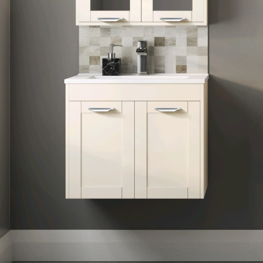 600mm Wall Hung Basin Vanity Unit - Ivory Double Door Modern Handles - Nottingham Range