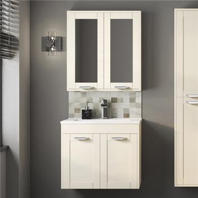 600mm Wall Hung Basin Vanity Unit - Ivory Double Door Modern Handles - Nottingham Range