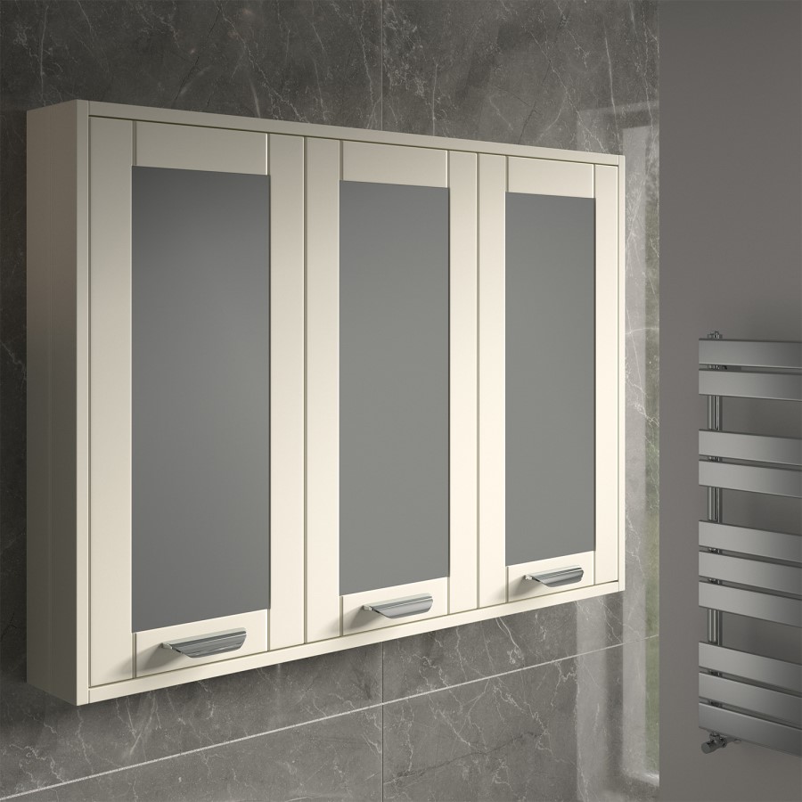 900mm Wall Hung Mirrored Cabinet - Ivory 3 Door Modern Handle - Nottingham Range