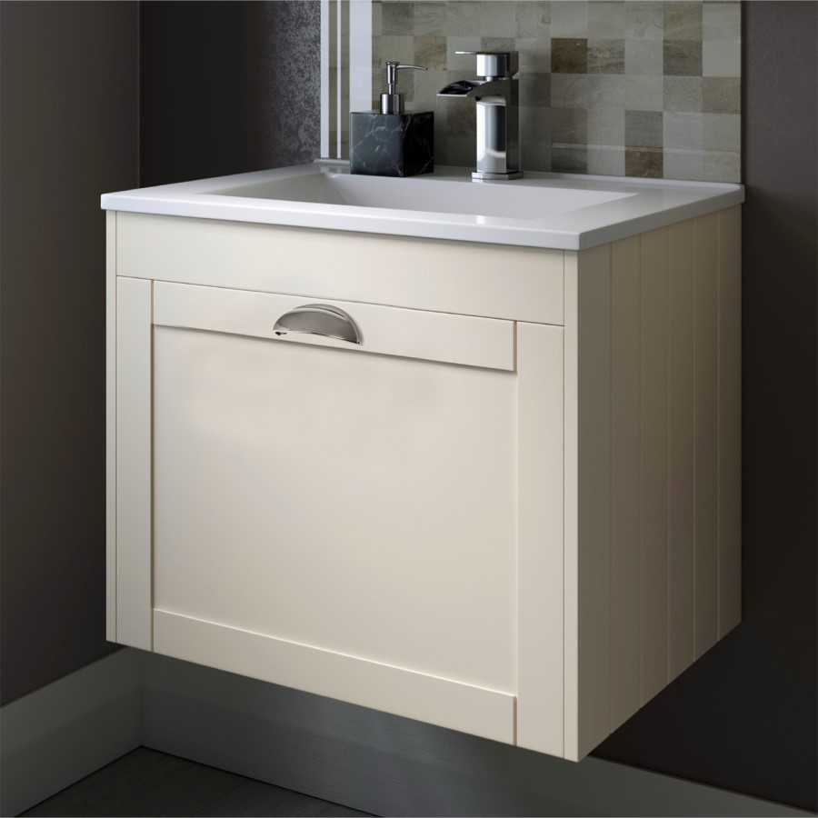 600mm Wall Hung Vanity Basin Unit - Single Drawer - Traditional Handle - Nottingham Range
