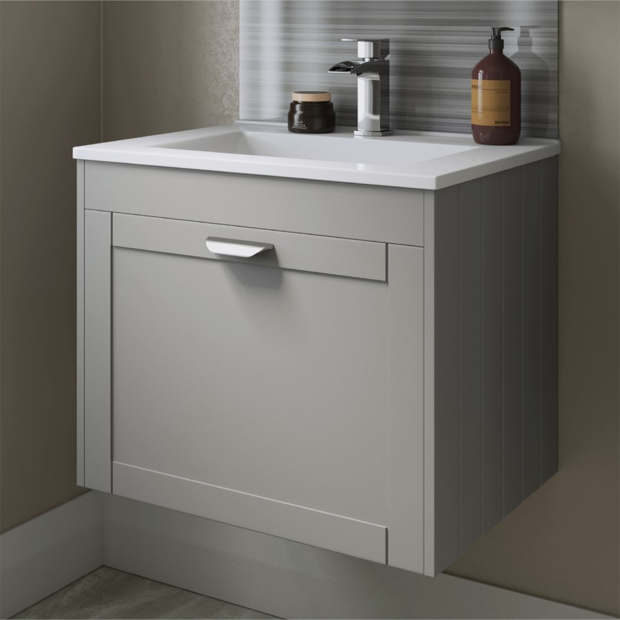 Nottingham 600mm Wall Hung Basin Vanity Unit Grey Single Drawer Modern Handle