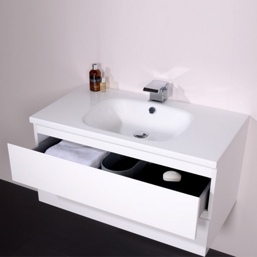 900mm Wall Hung Vanity Unit with Basin - White Single Drawer - Barcelona Range